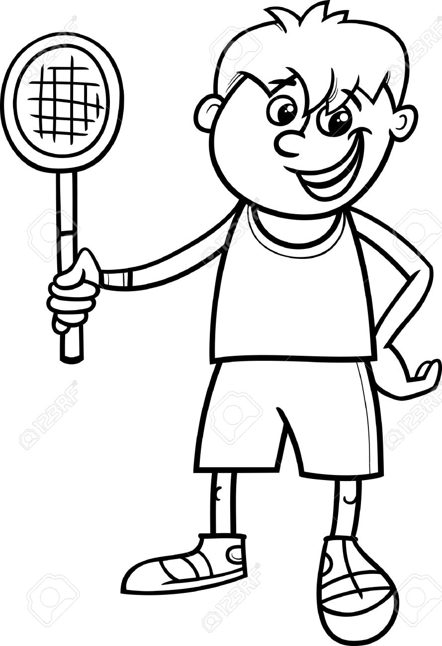 Black And White Cartoon Illustration Of Cute Boy With Tennis Racket For Coloring Book Stock Vector