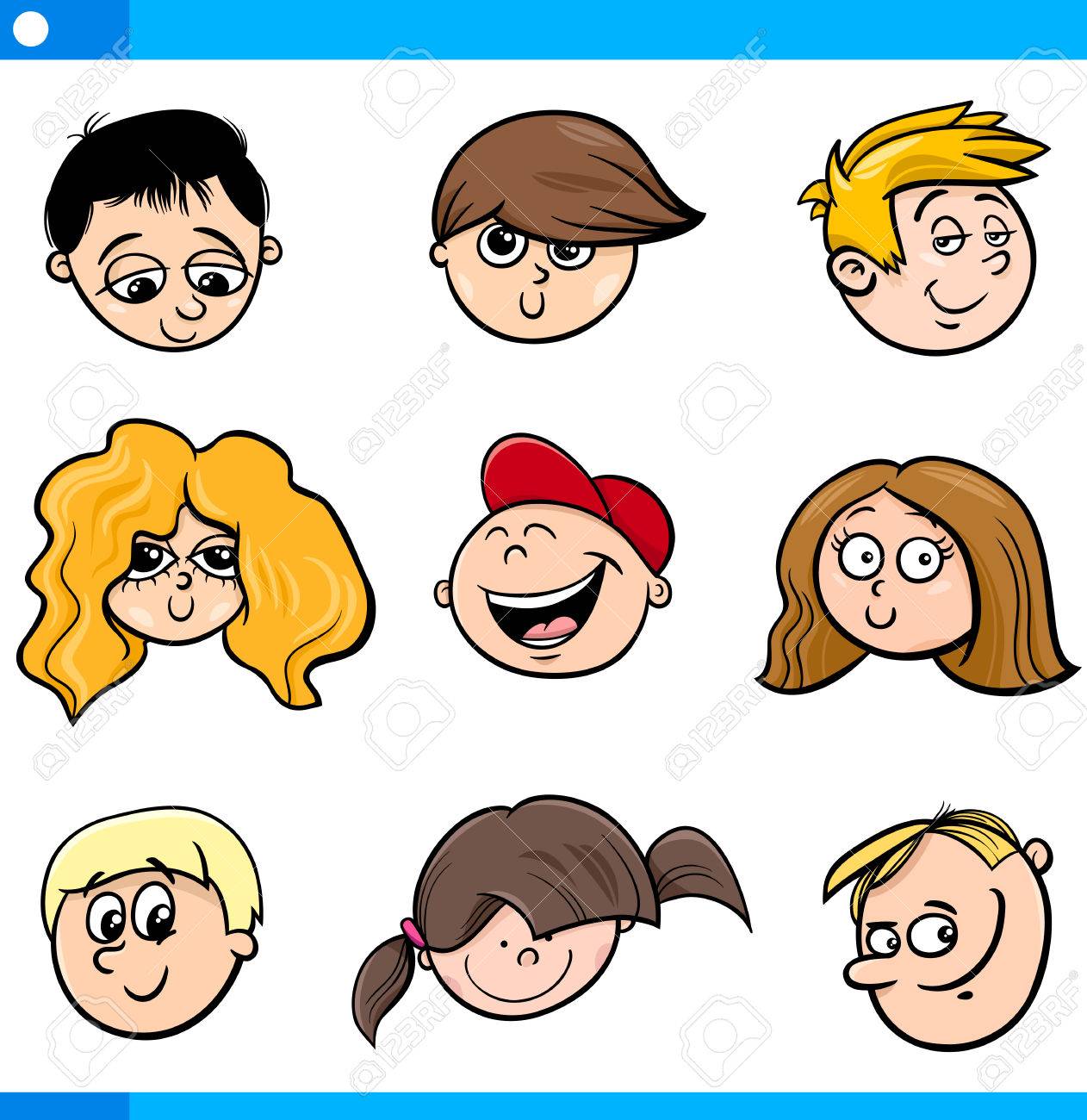 cartoon illustration of cute children boys and girls faces set