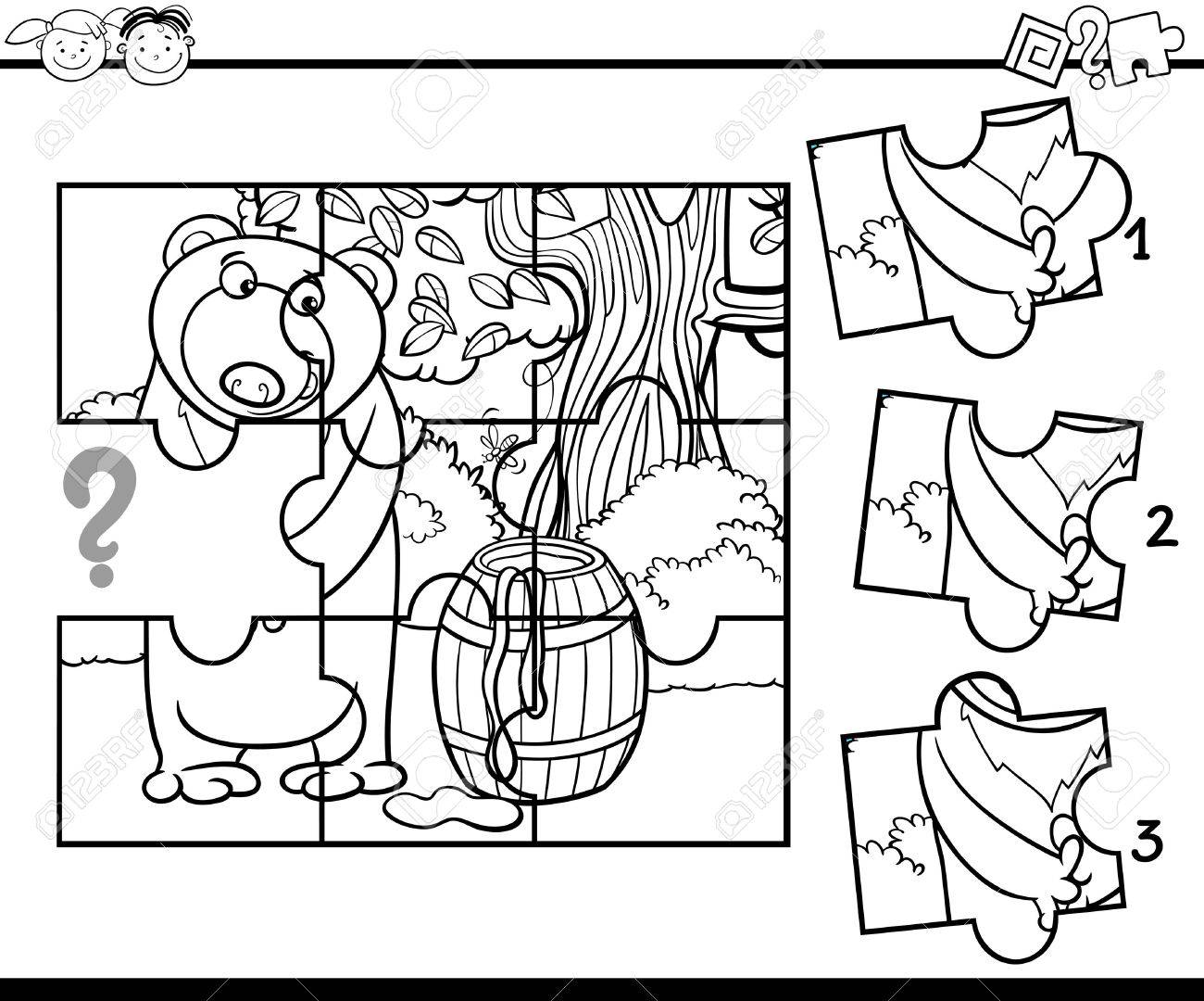 黒と白の漫画イラスト ジグソー パズル教育タスクのクマの幼稚園児のぬりえ のイラスト素材 ベクタ Image 48830015