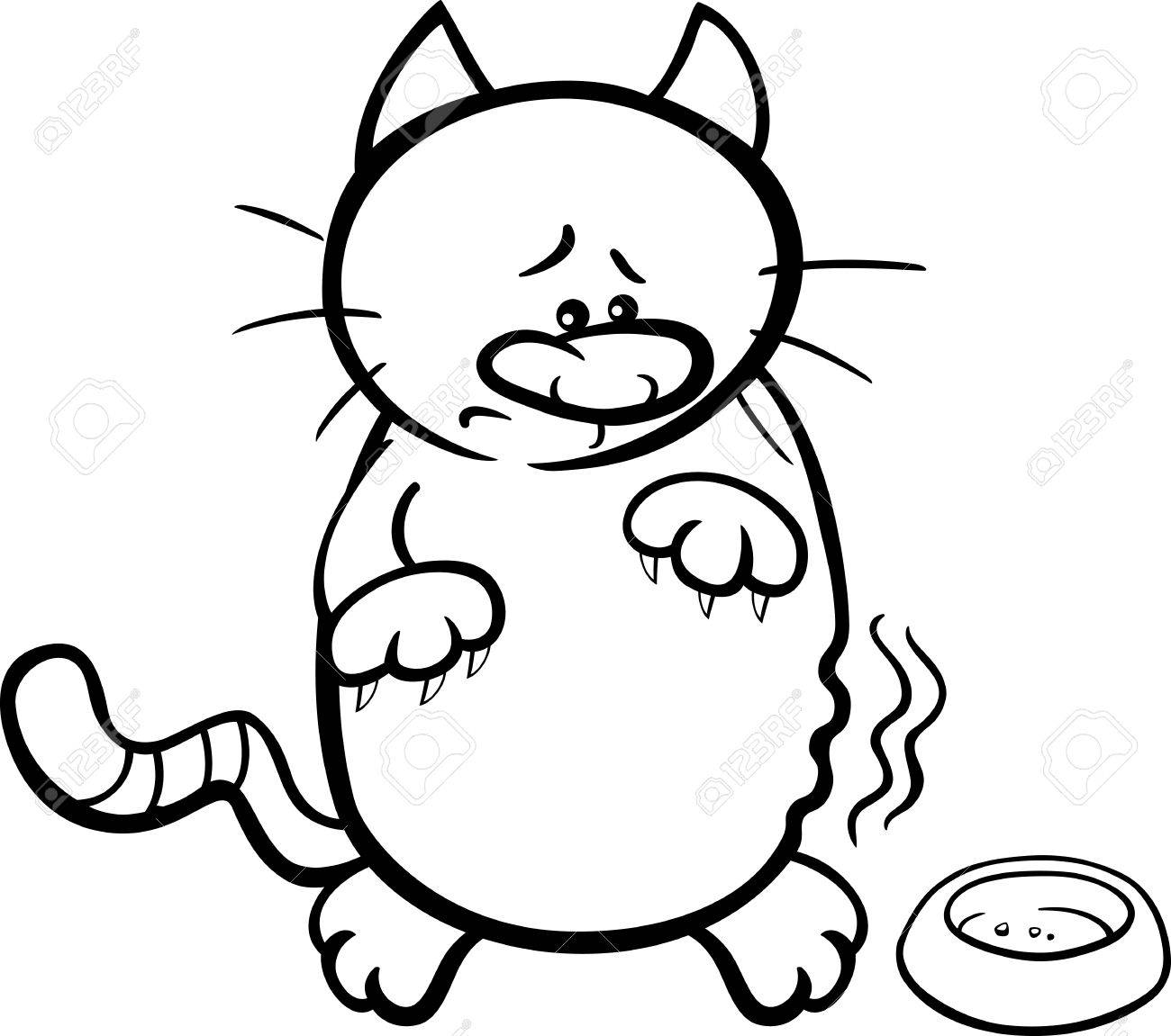 塗り絵のための空のボウルと空腹の猫の黒と白の漫画イラストのイラスト素材 ベクタ Image