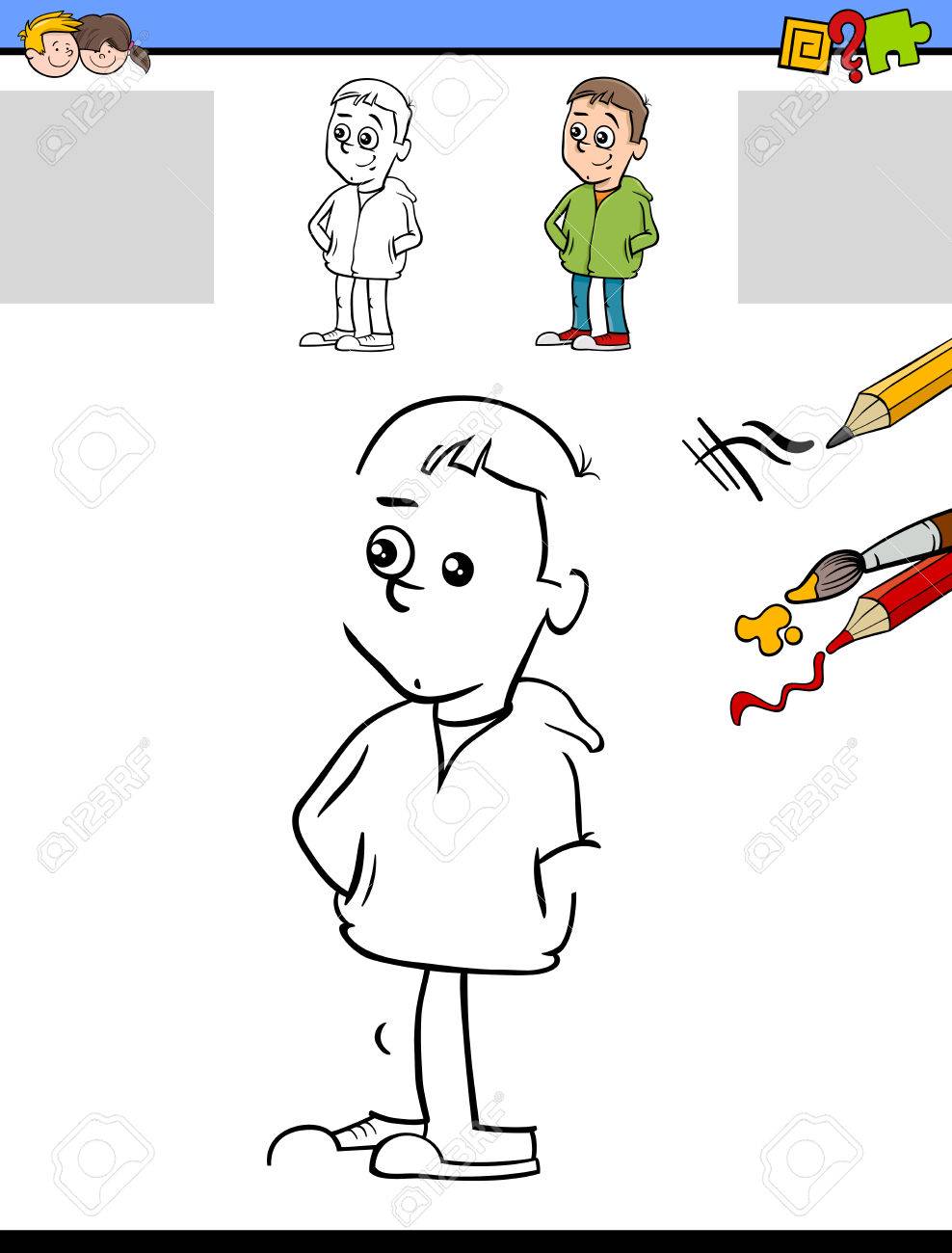 図面とかわいい男の子キャラクターと幼児教育タスクを着色の漫画イラストのイラスト素材 ベクタ Image 図面とかわいい男の子キャラクターと幼児教育タスクを着色の漫画イラストのイラスト素材 ベクタ Image