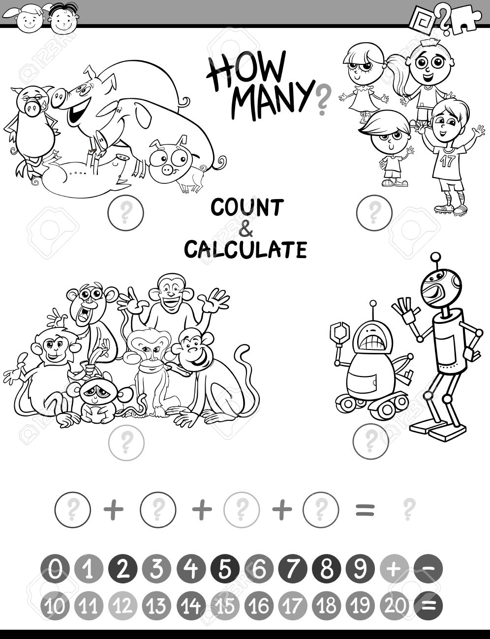 幼児の塗り絵の教育数学数とほかの活動のゲームの黒と白の漫画イラストのイラスト素材 ベクタ Image 58843345