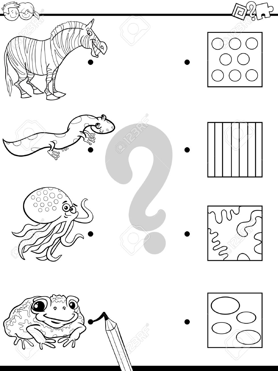 教育絵合わせゲーム ページを着色動物キャラクターと子供のための黒と白の漫画イラスト のイラスト素材 ベクタ Image