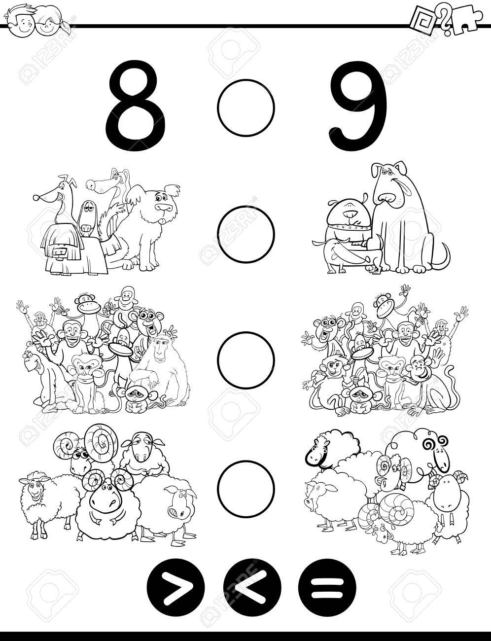 黒と白の漫画イラスト数学の教育活動のより大きいより小さいゲームのまたは着色ページ動物キャラクターと子供のために等しいのイラスト素材 ベクタ Image 黒と白の漫画イラスト数学の教育活動のより大きいより小さいゲームのまたは着色ページ動物キャラクターと子供のために等しいのイラスト素材 ベクタ Image