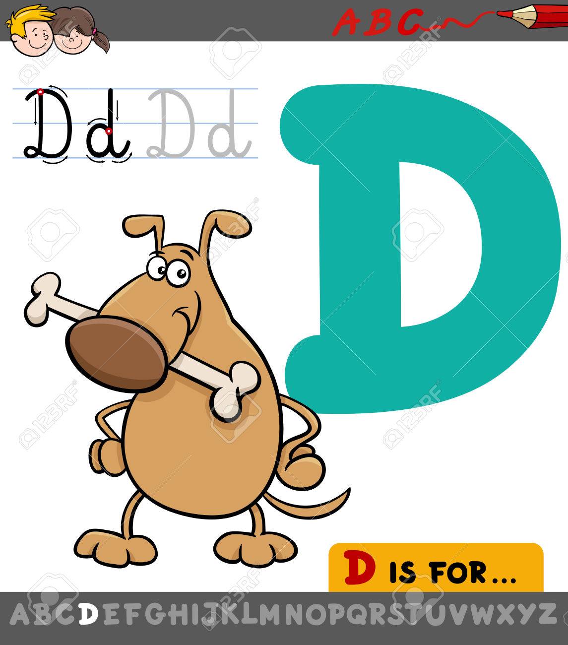 educational cartoon illustration of letter d from alphabet with dog cartoon for children