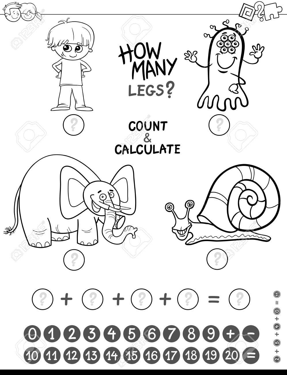Illustrazione Cartoon In Bianco E Nero Di Conteggio Matematico Educativo E Attività Di Aggiunta Per I Bambini Con Personaggi Divertenti Colorazione