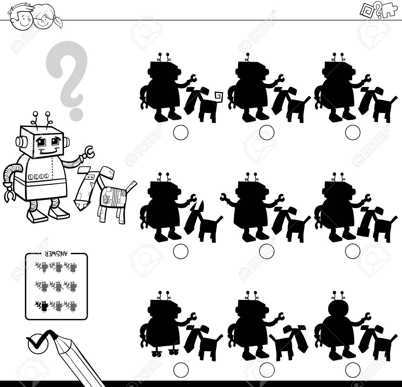 黒と白の漫画イラスト塗り絵ロボットの 2 つの文字を持つ子供の違い教育活動がない影を見つけるののイラスト素材 ベクタ Image 85778216