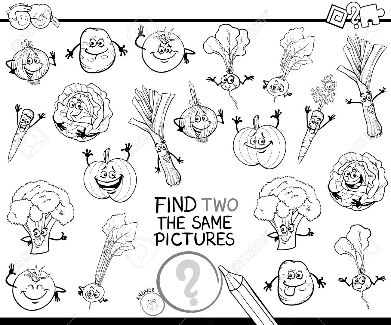 野菜のキャラクターの塗り絵の子供のための2つの同一の写真教育的なゲームを見つけるの黒と白の漫画のイラスト のイラスト素材 ベクタ Image 6792