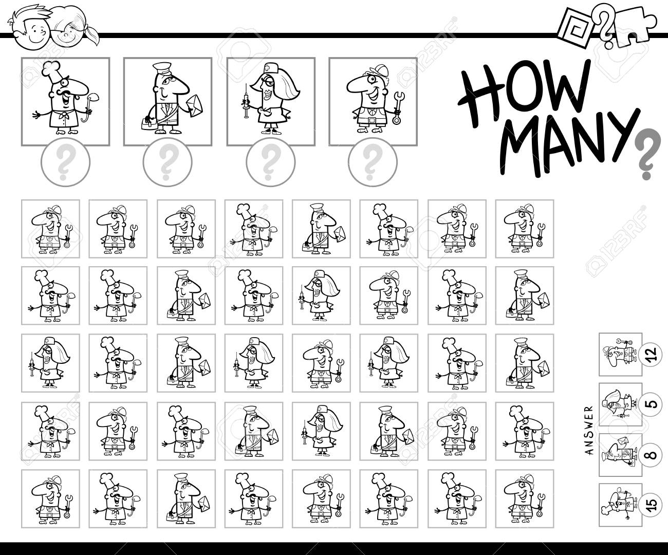 教育の黒と白の漫画のイラストプロの人の文字の塗り絵の子供のためのどのように多くのカウント活動を学びますのイラスト素材 ベクタ Image 89462339