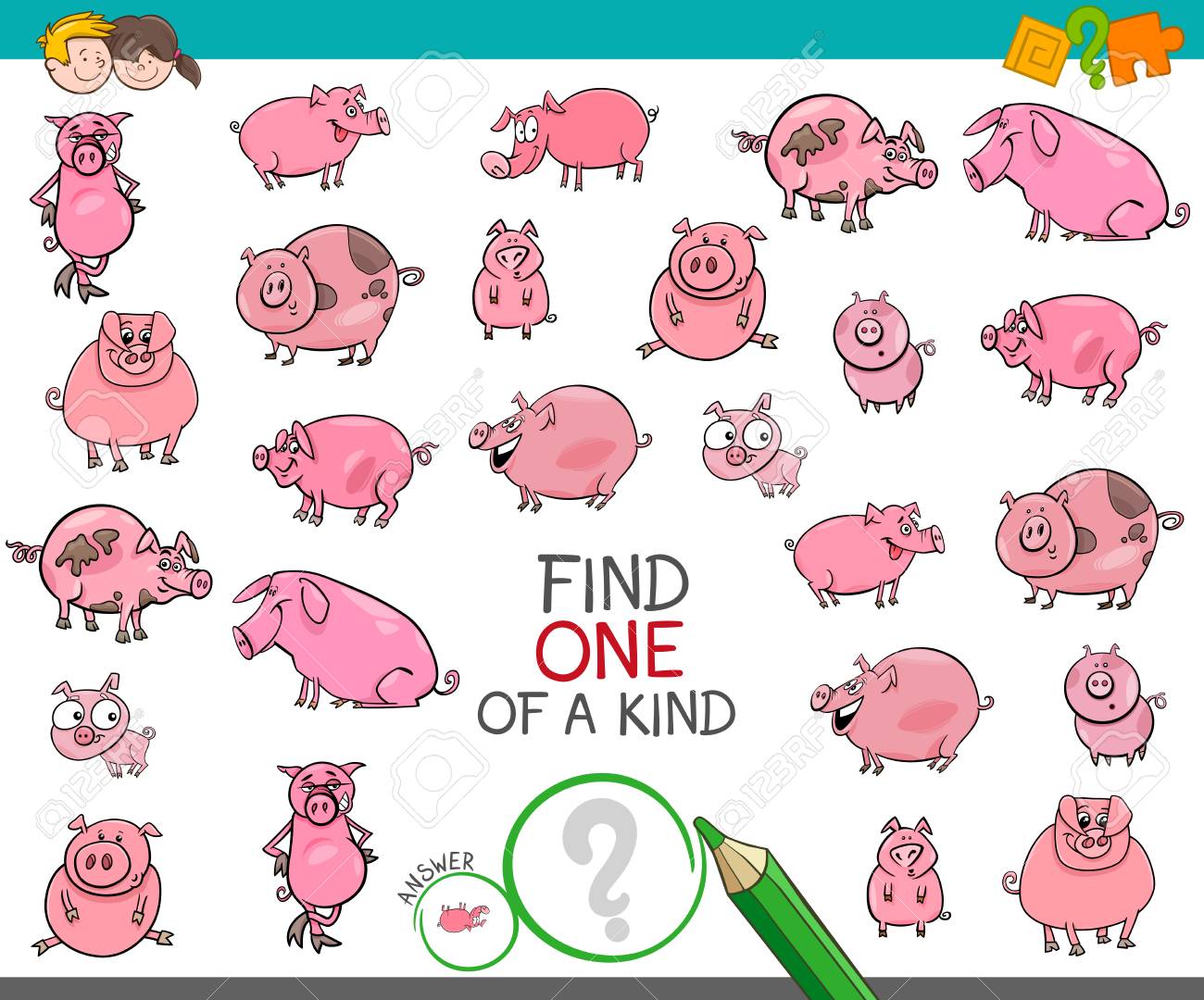 豚と子豚のキャラクターを持つ子供のための親切な絵教育活動ゲームの一つを見つける漫画のイラストのイラスト素材 ベクタ Image