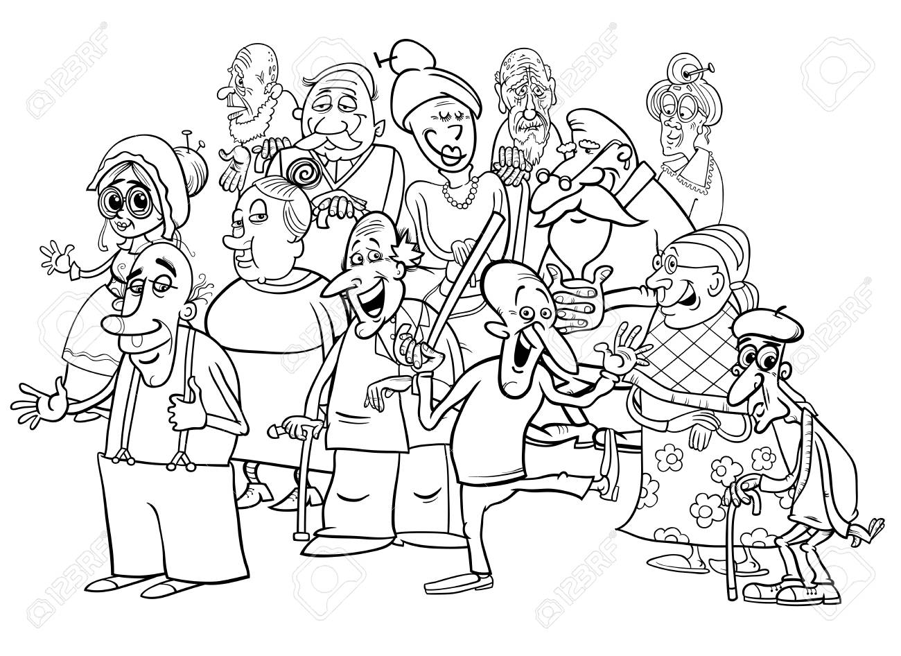 Bande Dessinee En Noir Et Blanc Illustration Du Livre A Colorier Du Groupe De Personnes Agees Ou Du Groupe De Personnages Aines Clip Art Libres De Droits Vecteurs Et Illustration Image 92747853