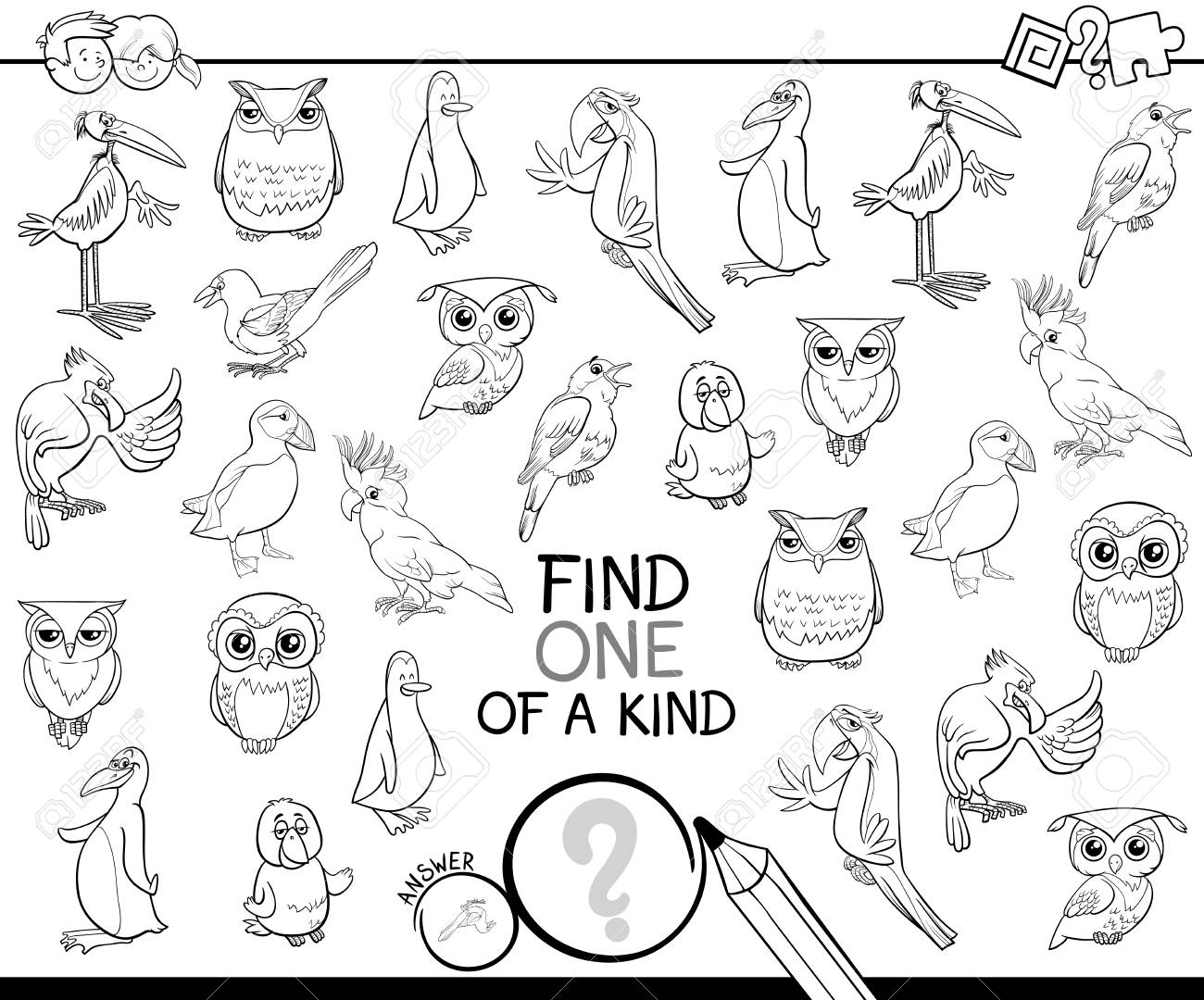 鳥の動物のキャラクターの塗り絵を持つ子供のための種類の絵教育活動ゲームの1つを見つけるの黒と白の漫画のイラスト のイラスト素材 ベクタ Image
