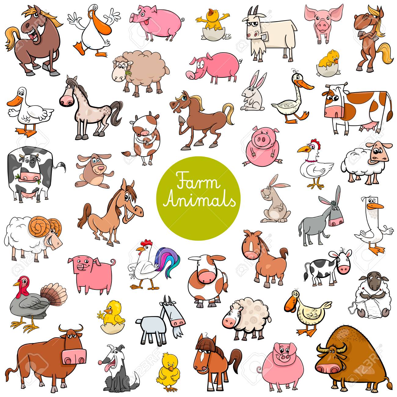 面白い農場動物キャラクター巨大なセットの漫画のイラスト のイラスト素材 ベクタ Image