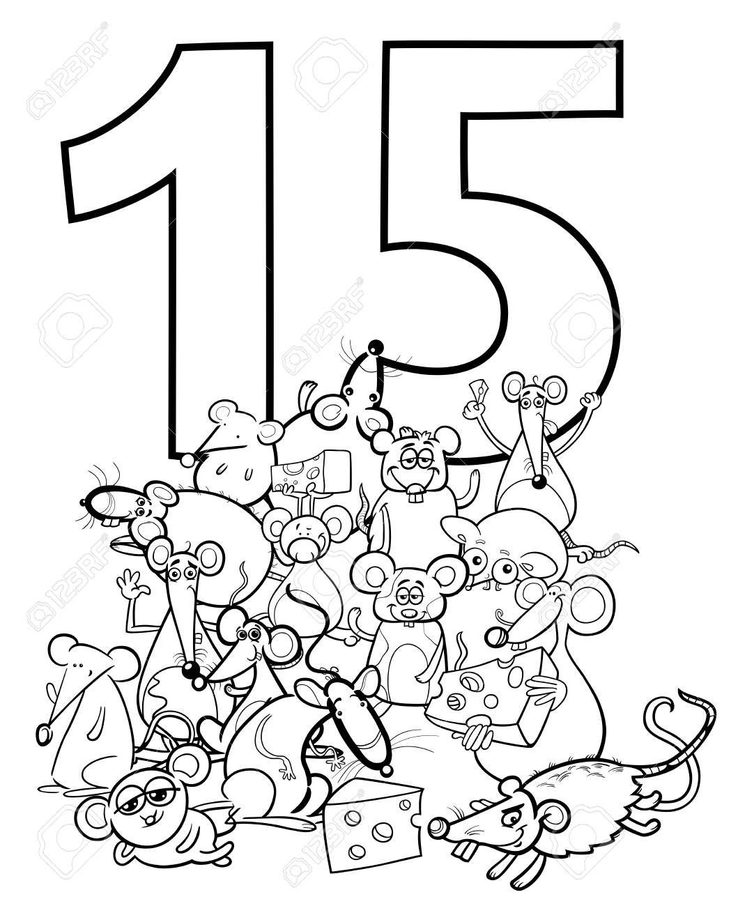 black and white cartoon illustration of number fifteen and mice