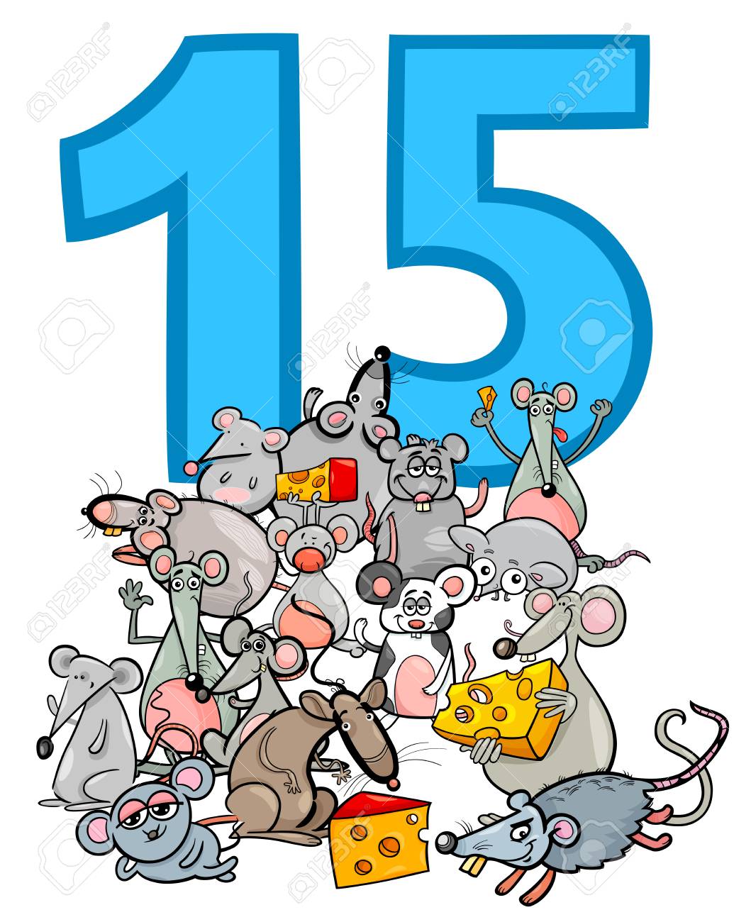 cartoon illustration of number fifteen and mice characters group