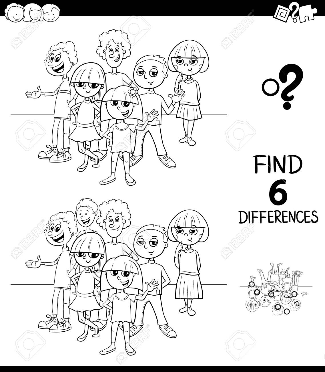 Jogo de diferenças com desenhos animados de crianças ou adolescentes para colorir