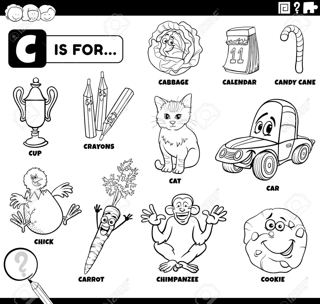 Personnage Dessin Animé Commencant Par S Illustration De Dessin Animé Éducatif En Noir Et Blanc De Personnages De Bandes Dessinées Et D'objets Commençant Par La Lettre C Définie Pour La Page De Livre De Coloriage Pour Enfants Clip