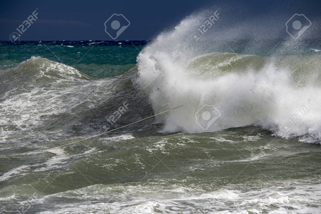 Tsunami Tropical Hurricane On The Sea Big Waves Stock Photo