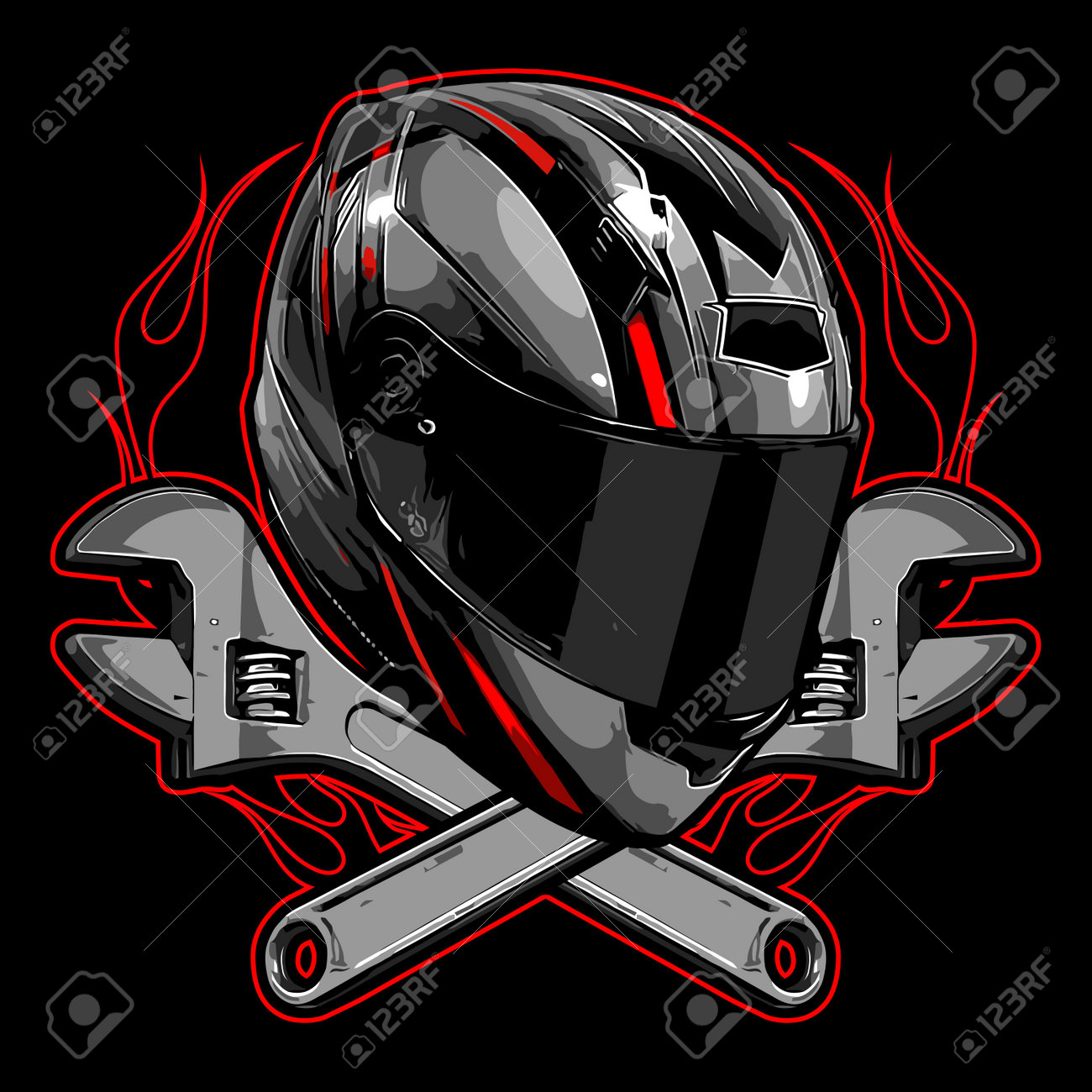 Motorcycle Helmet And Wrenches On A Black Background. Vector Illustration.  Royalty Free SVG, Cliparts, Vectors, and Stock Illustration. Image  202767008., image size:1300x1300