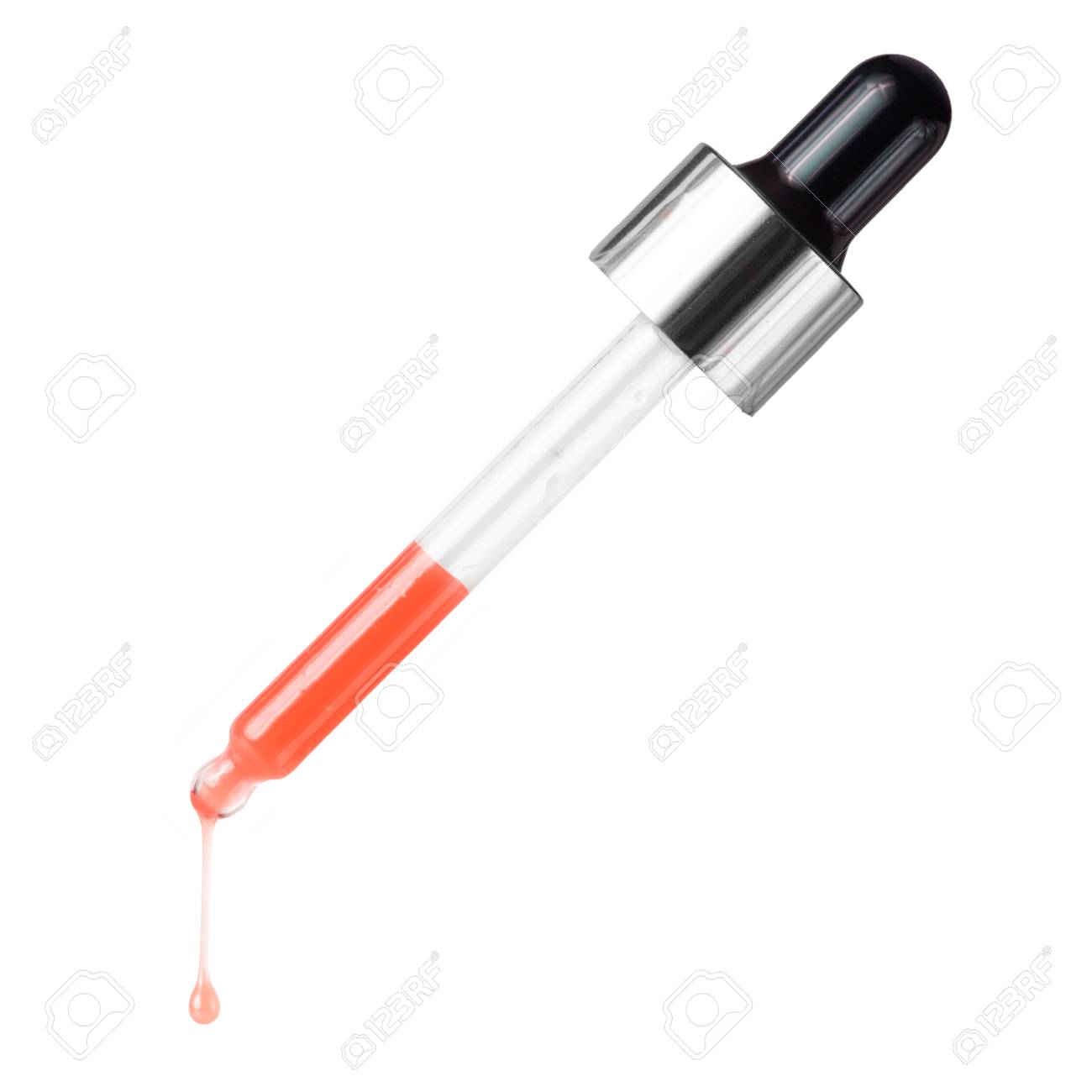 Macro closeup of dropper with droplet with red fluid on white background - 55539317 Macro closeup of dropper with droplet with red fluid on white background - 55539317