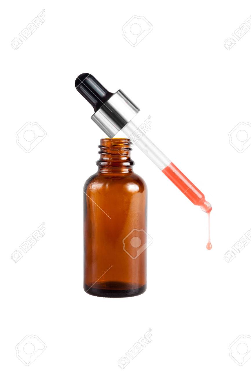 Brown medicine glass bottle with dropper and red liquid inside over white background - 55539614 Brown medicine glass bottle with dropper and red liquid inside over white background - 55539614