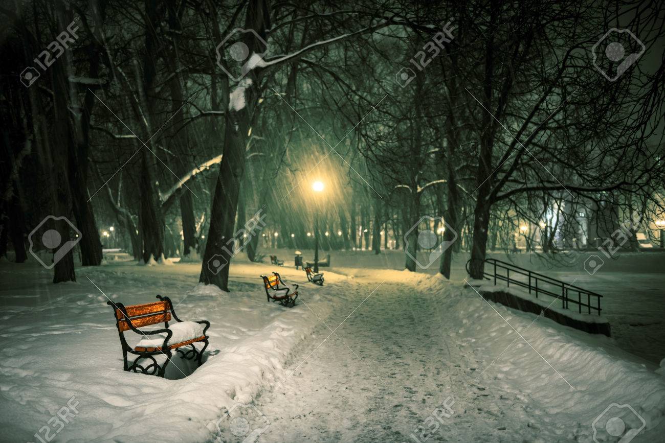 夜に降る雪の公園で赤いベンチ の写真素材 画像素材 Image