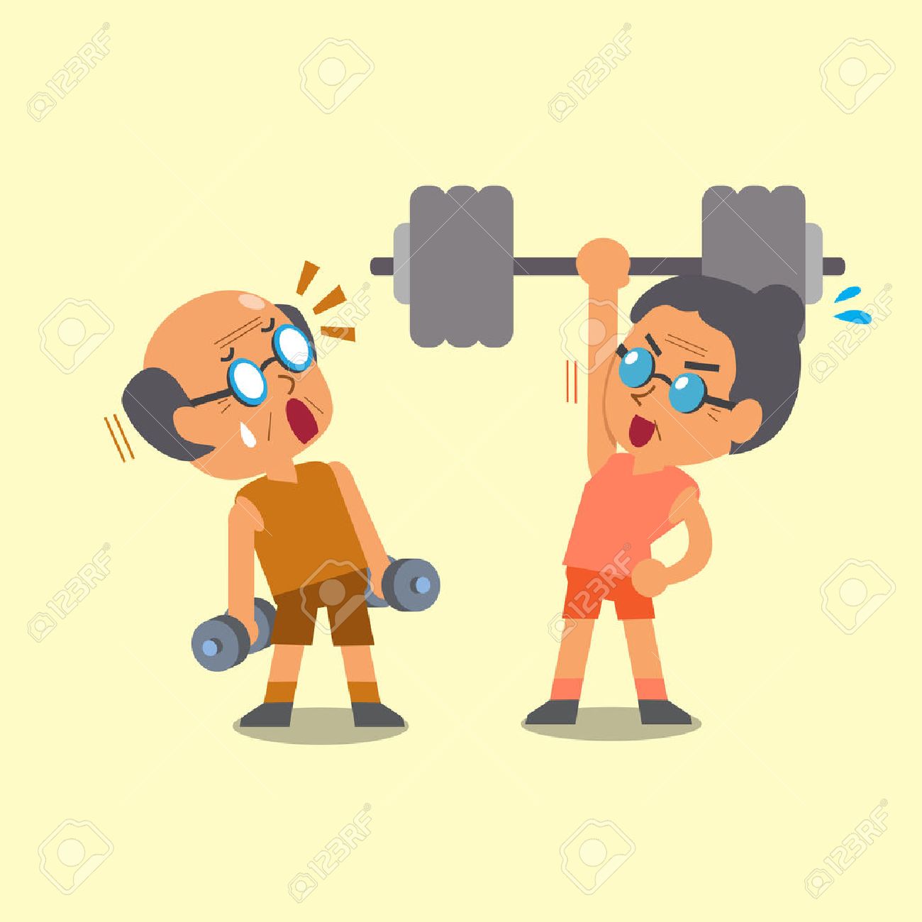 Cartoon old man and old woman doing weight training - 48757967 Cartoon old man and old woman doing weight training - 48757967