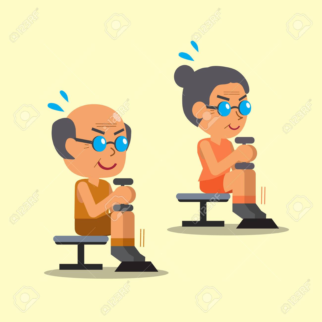 漫画年配の男性と座ってダンベル カーフレイズをやって女性運動します のイラスト素材 ベクタ Image