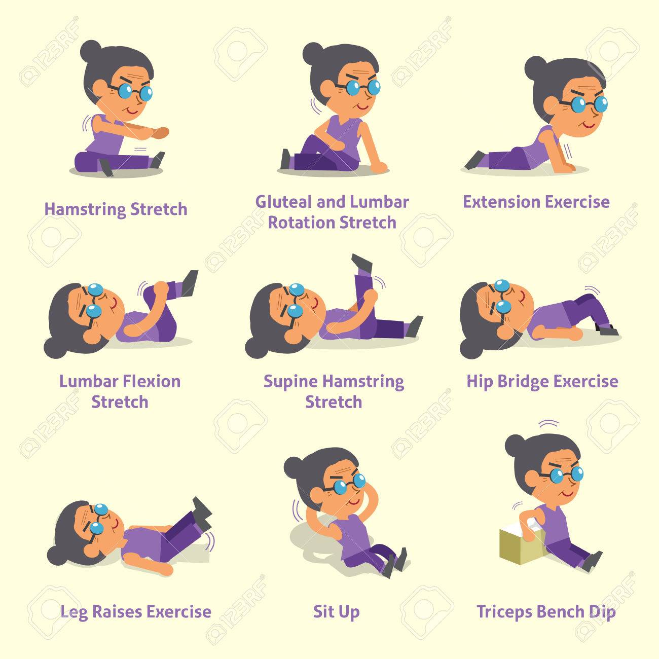 Cartoon Set Of Old Woman Doing Warm Up And Exercises Royalty Free Cliparts Vectors And Stock Illustration Image