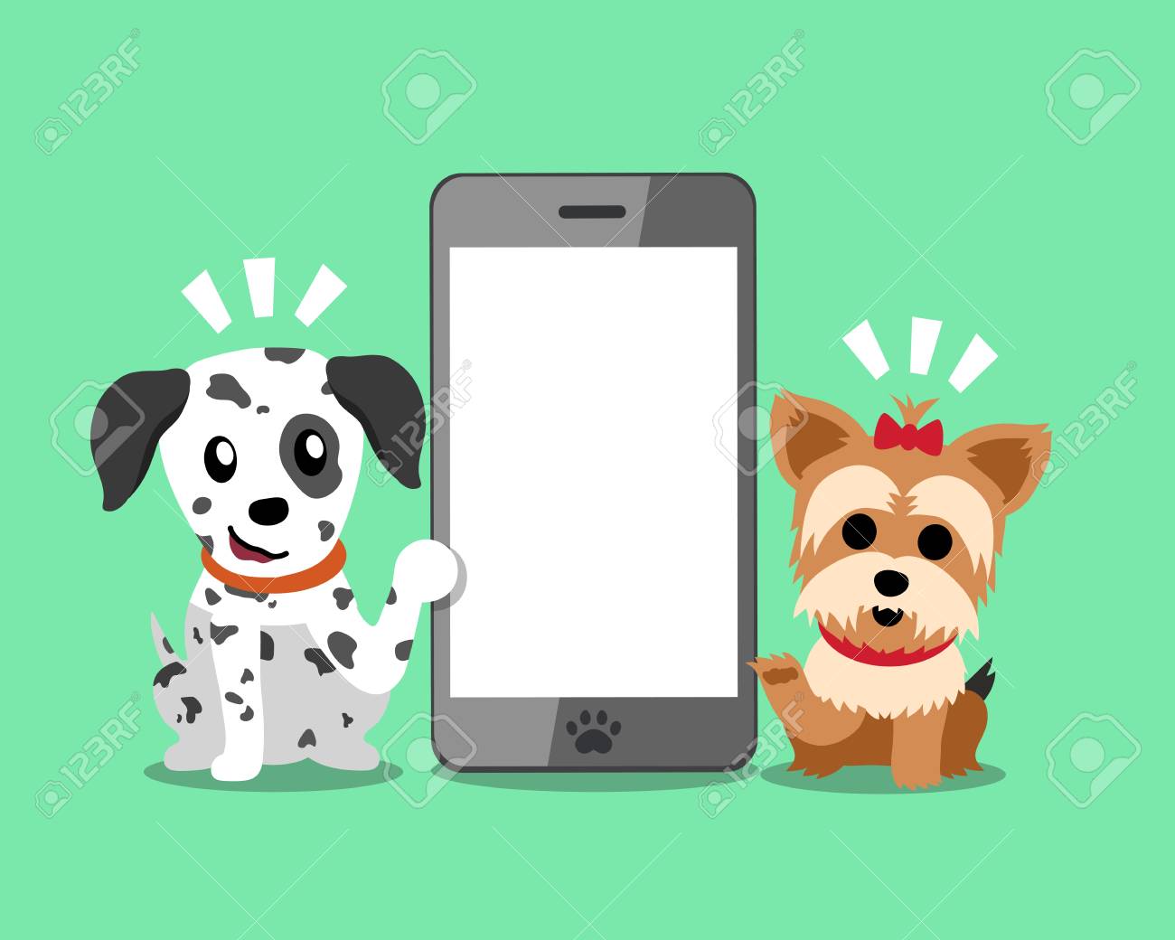 Personnage De Dessin Animé Chien Yorkshire Terrier Et Chien Dalmatien Avec Smartphone