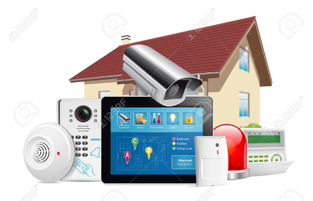 Home security system concept - motion detector, gas sensor, cctv camera, alarm siren - 62970870 Home security system concept - motion detector, gas sensor, cctv camera, alarm siren - 62970870