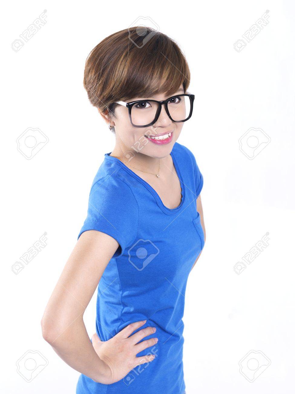 asian tomboy female girl in blue top stock photo picture and