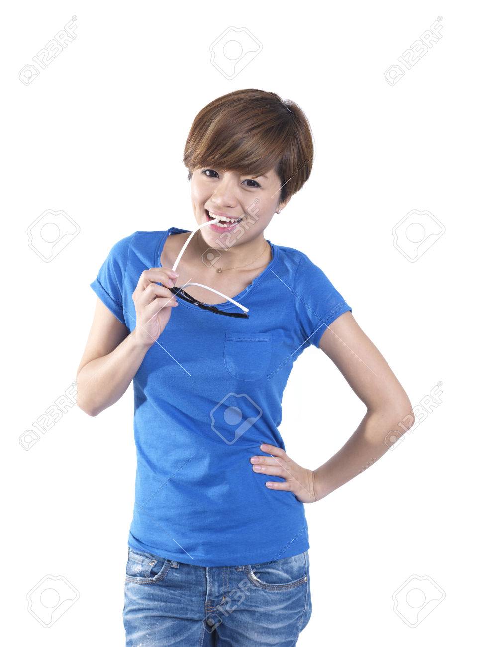 asian tomboy female girl in blue top stock photo picture and
