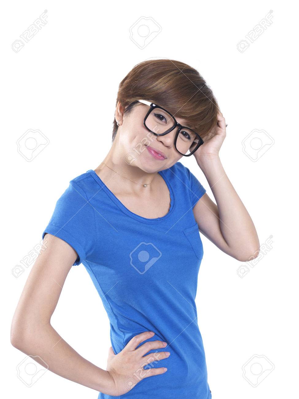 asian tomboy female girl in blue top stock photo picture and