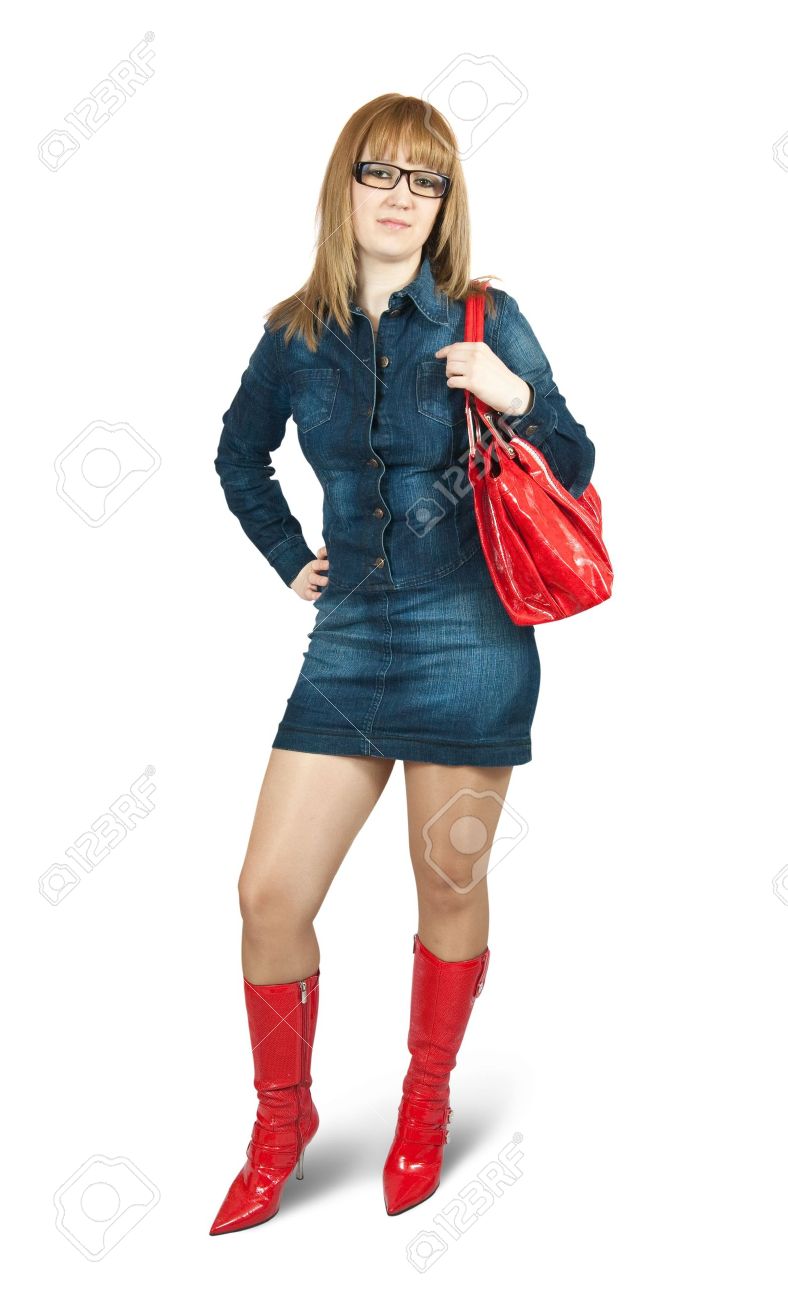 Girl In Blue Dress Red High Boots With 