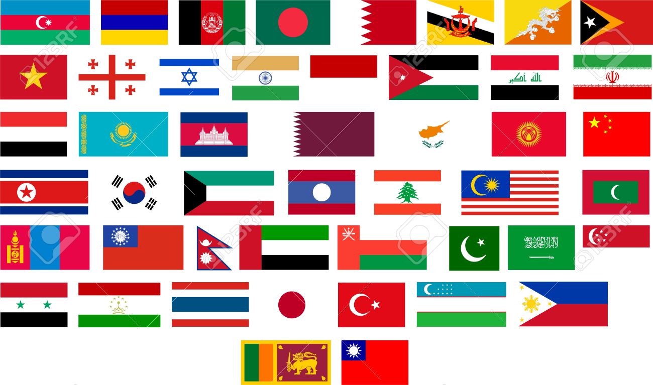 flags of all asian countries illustration over white background