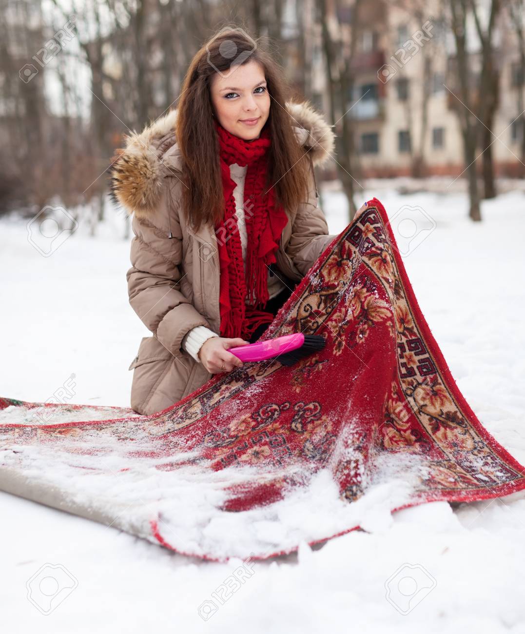 若い女性は冬に雪で敷物をきれい の写真素材 画像素材 Image