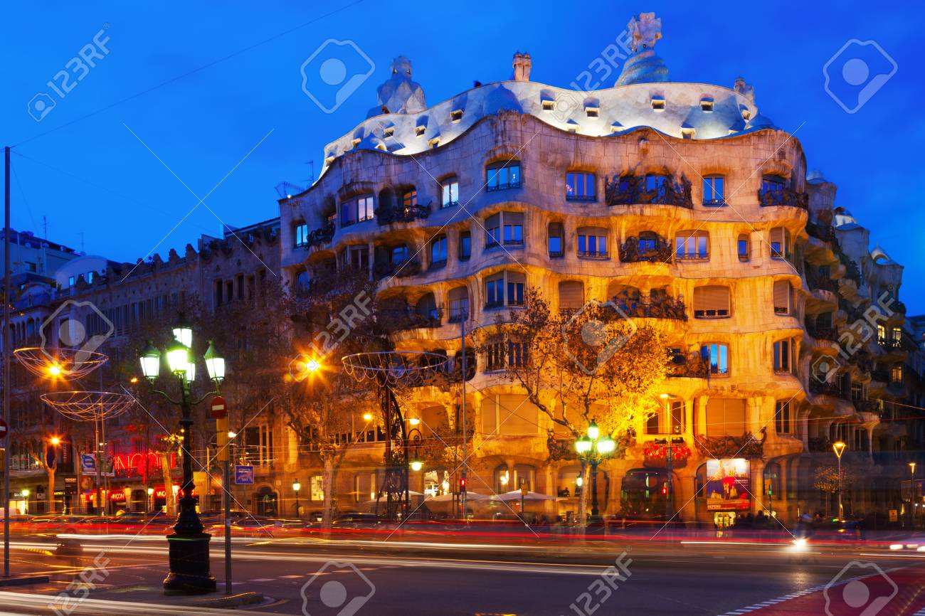 Barcelona Spain January 2 2014 Night View Of Casa Mila La