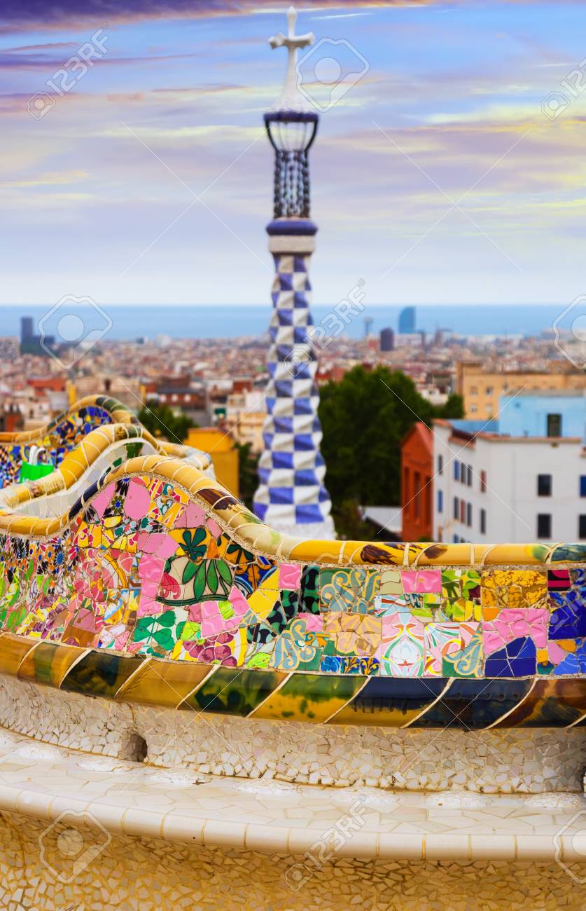 View Of Park Guell In Barcelona, Spain. Park Was Designed By Antoni Gaudi  And Built In 1900 To 1914 Stock Photo, Picture and Royalty Free Image.  Image 63440448., image size:837x1300