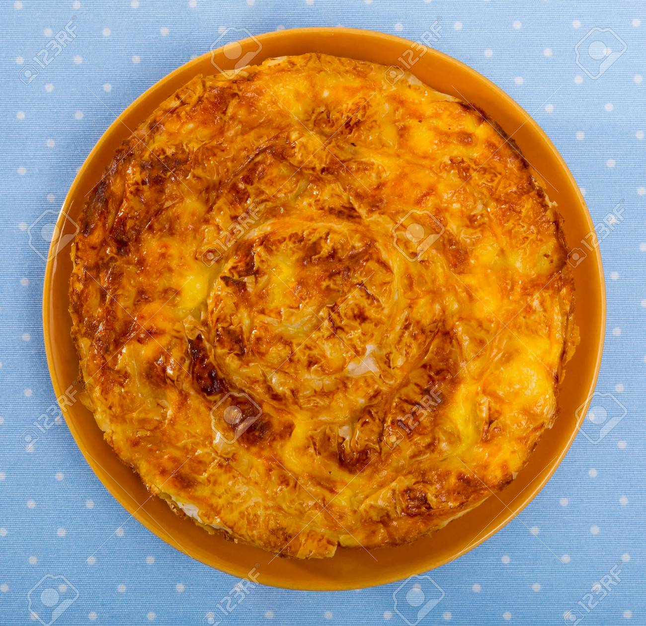 Top View Of National Festive Bulgarian Cheese Filo Pie Banitsa Stock Photo Picture And Royalty Free Image Image 108239717