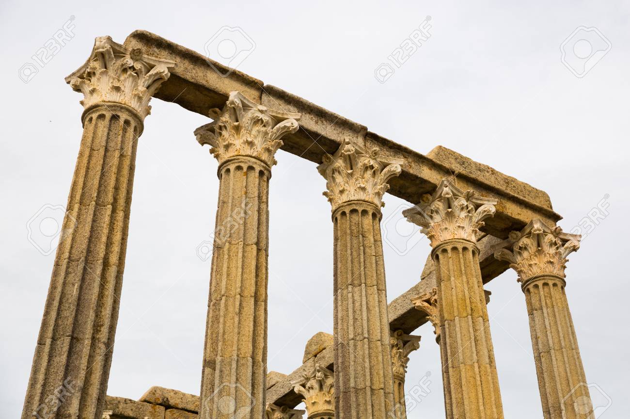 closeup of decorative capitals of corinthian columns of ancient corinthian columns