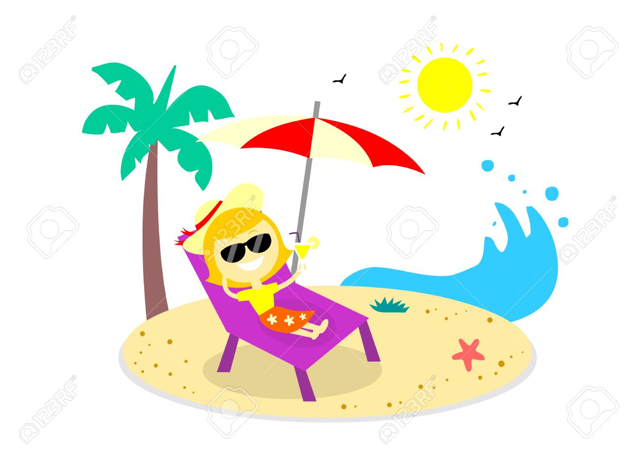 woman take a relaxing vacation on the beach in flat cartoon cartoon vacation pictures
