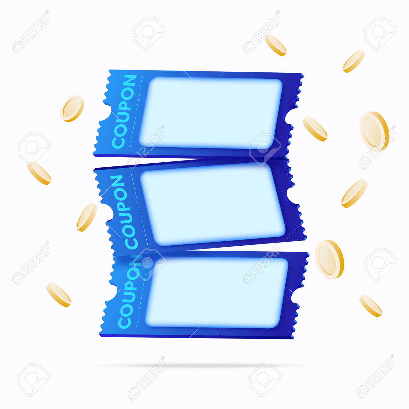 금화 개념이 있는 3d 쿠폰, 금화가 있는 바우처, 플라잉 코인, 파란색 바우처 및 파란색 쿠폰, 온라인 쇼핑에서 할인 및 선물을  받습니다. 벡터 일러스트 레이 션 로열티 무료 사진, 그림, 이미지 그리고 스톡포토그래피.