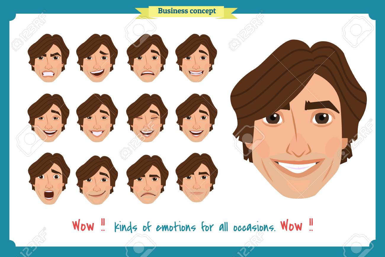 Set of male facial emotions. young man emoji character with different..