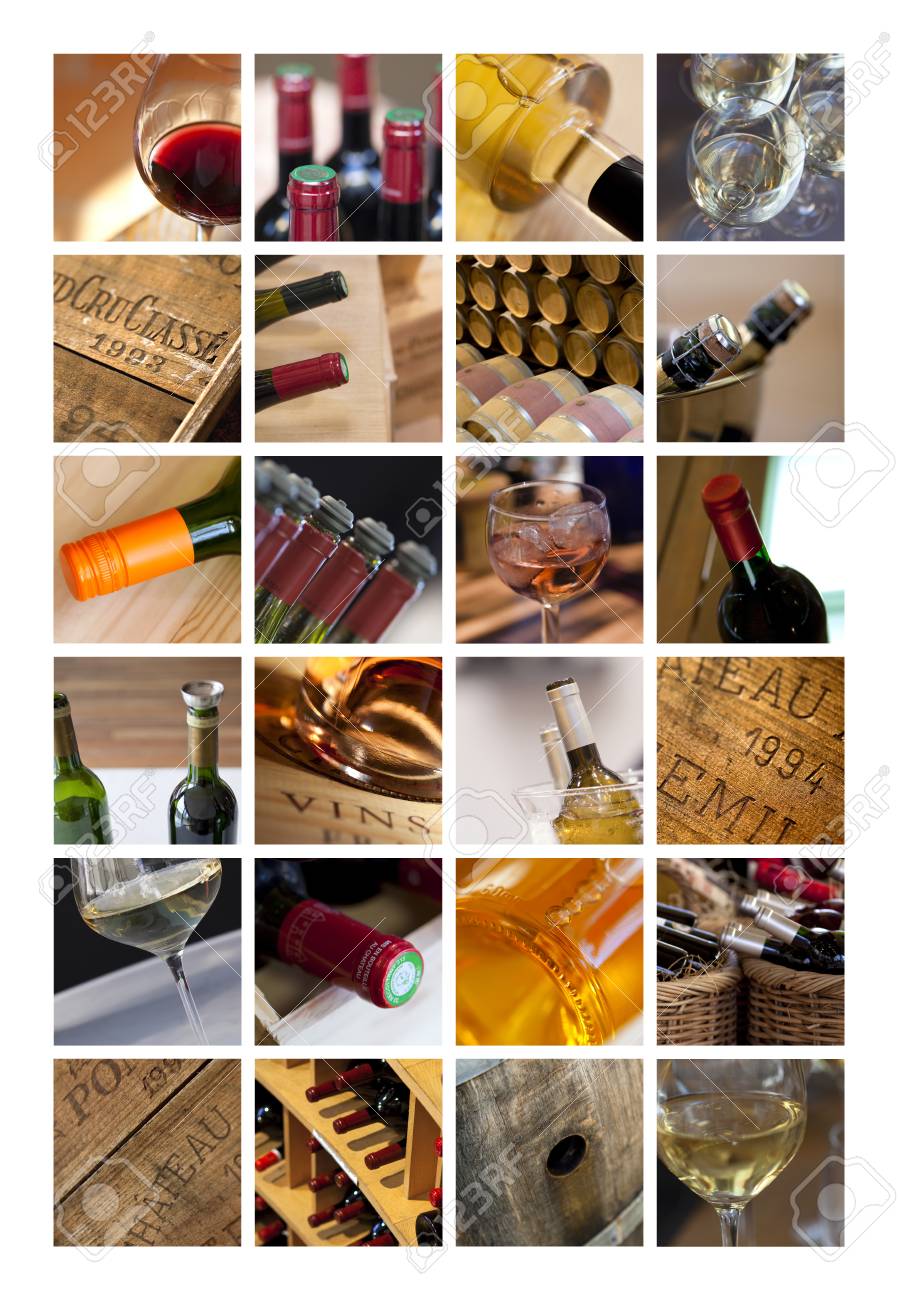 glasses and bottles of wine on a collage a colarge