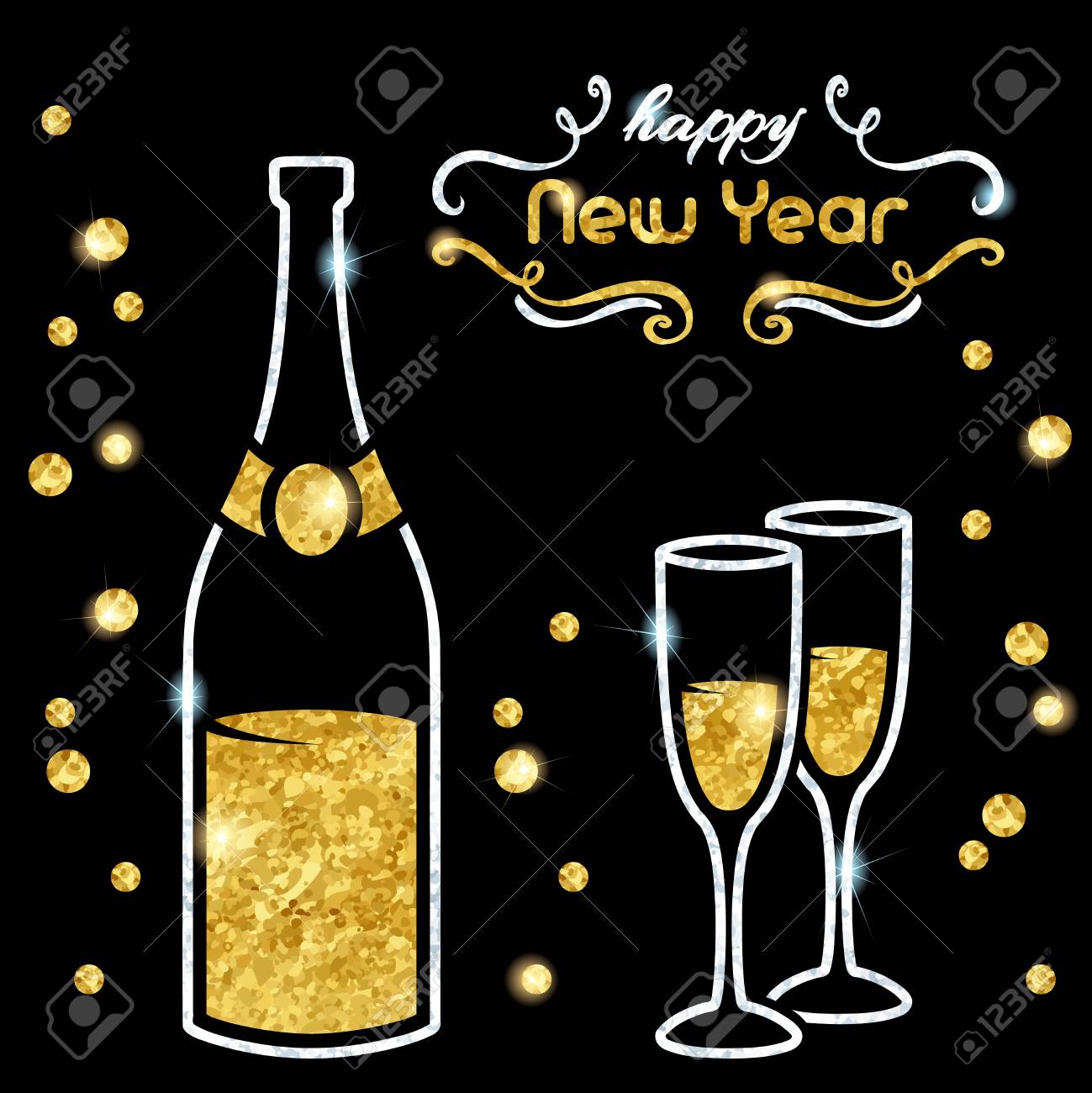 金と銀のシャンパン デザインとエレガントな黒新年のイブ背景 グラフィックをグループ化と簡単な編集のためのいくつかの層で ファイルを任意のサイズにスケールできます のイラスト素材 ベクタ Image