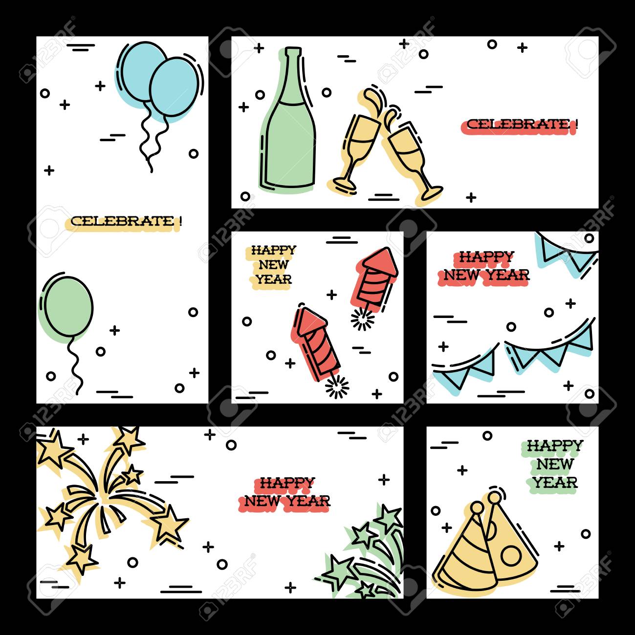 細い線のスタイルで 6 年の大晦日背景のセットです グラフィックをグループ化と簡単な編集のためのいくつかの層で ファイルを任意のサイズにスケールできます のイラスト素材 ベクタ Image