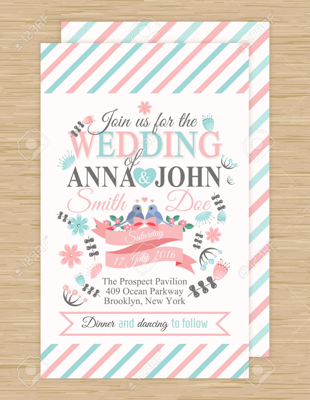 リボン 鳥 花 ベクトル イラストかわいい結婚式招待状 のイラスト素材 ベクタ Image