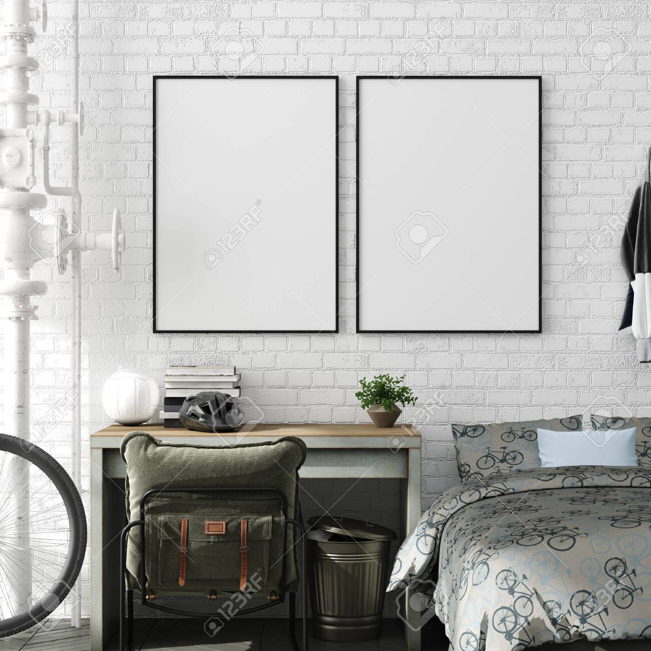 Download Mock Up Poster In Boy Teenage Bedroom Interior Background Industrial Stock Photo Picture And Royalty Free Image Image 124697957