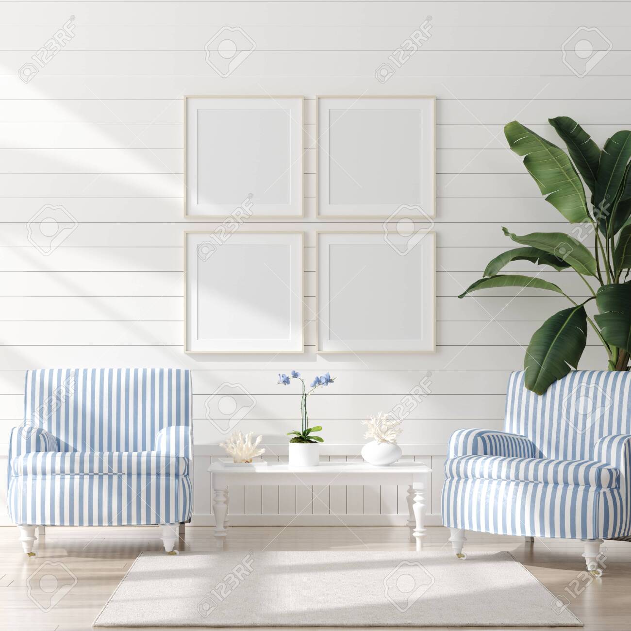 Mock Up Frame In Home Interior Background, Coastal Style Living Room With  Marine Decor, 3d Render Stock Photo, Picture And Royalty Free Image. Image  124697995.